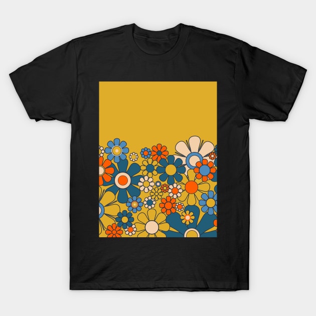 Retro Garden Flower Cuff Groovy Vintage Floral Mustard Yellow Blue Orange T-Shirt by KierkegaardDesignStudio